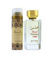 Lattafa Mahasin Crystal darčeková sada pre ženy parfumovaná voda 100 ml + deospray 50 ml (1)