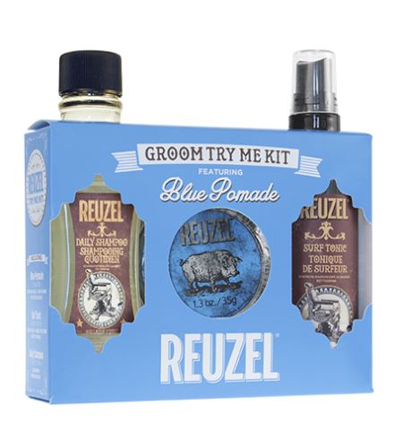 REUZEL Blue Pomáda Groom Try Me Kit darčeková sada (šampón pre časté umývanie Daily Shampoo 100 ml + pomáda na vlasy so silným spevnením a leskom Blue Pomáda 35g + stylingové vlasové tonikum v spreji Surf Tonic 100 ml)