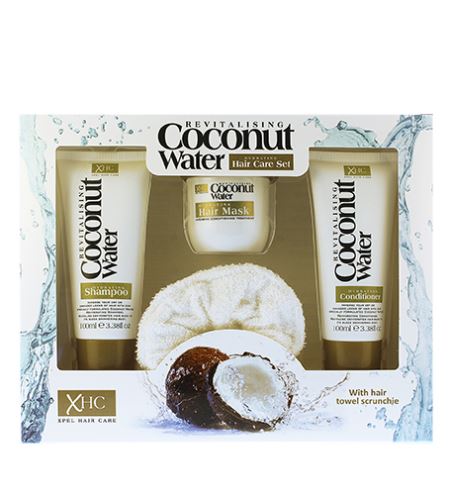 Xpel Coconut Water Haircare Set darčeková sada hydratačný šampón 100 ml + hydratačný kondicionér 100 ml + hydratačná maska na vlasy 100 ml + gumička do vlasov
