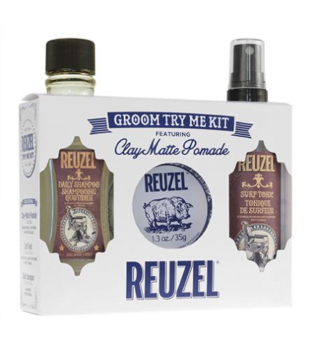 REUZEL Clay Matte Pomáda Groom Try Me Kit darčeková sada (šampón pre časté umývanie Daily Shampoo 100 ml + ílová pomáda na vlasy pre silné spevnenie Clay Matte Pomáda 35g + stylingové vlasové tonikum v spreji Surf Tonic 100 ml)